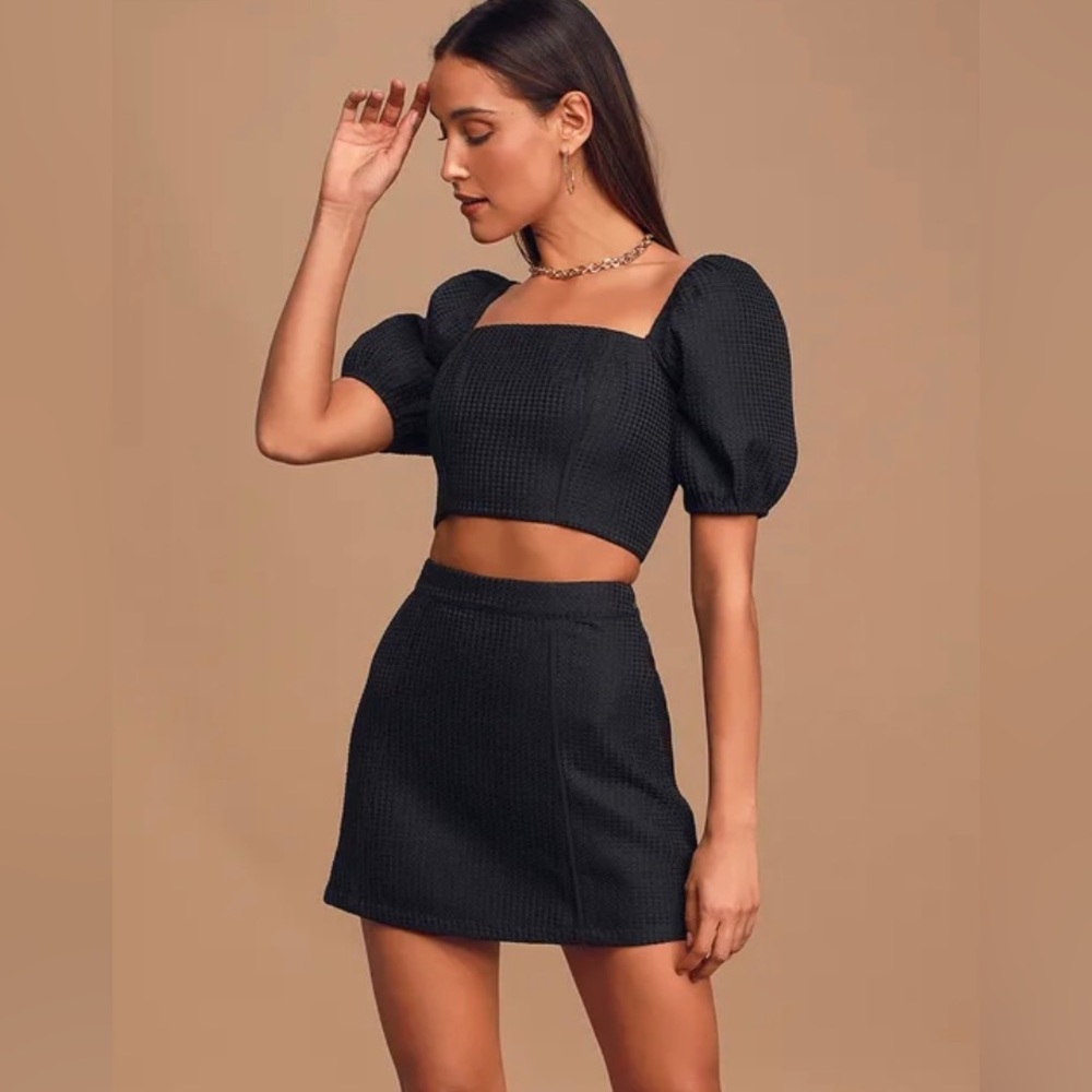 LULUS Nobody But You Black Textured Crop Top and Mini Skirt Size Small